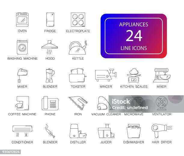 Line Icons Set Appliances Pack Stock Illustration - Download Image Now - Icon Symbol, Appliance, Microwave