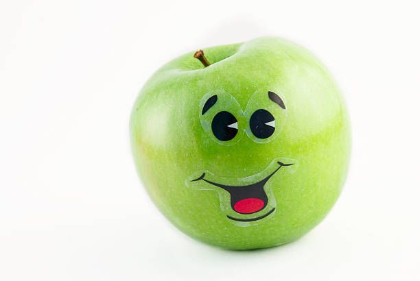 Cheerful apple character. Red apple on white background. Laughing apple cartoon icon. Funny figure of apple. Fresh apple and old apple. Jealous old apple