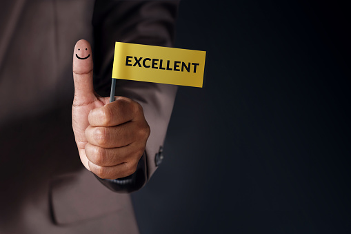 Customer Experience Concept, Best Excellent Services Rating for Satisfaction present by Thumb of Client with Excellent word and Smiley Face icon