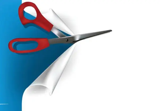 Vector illustration of A pair of red scissors cutting through white paper