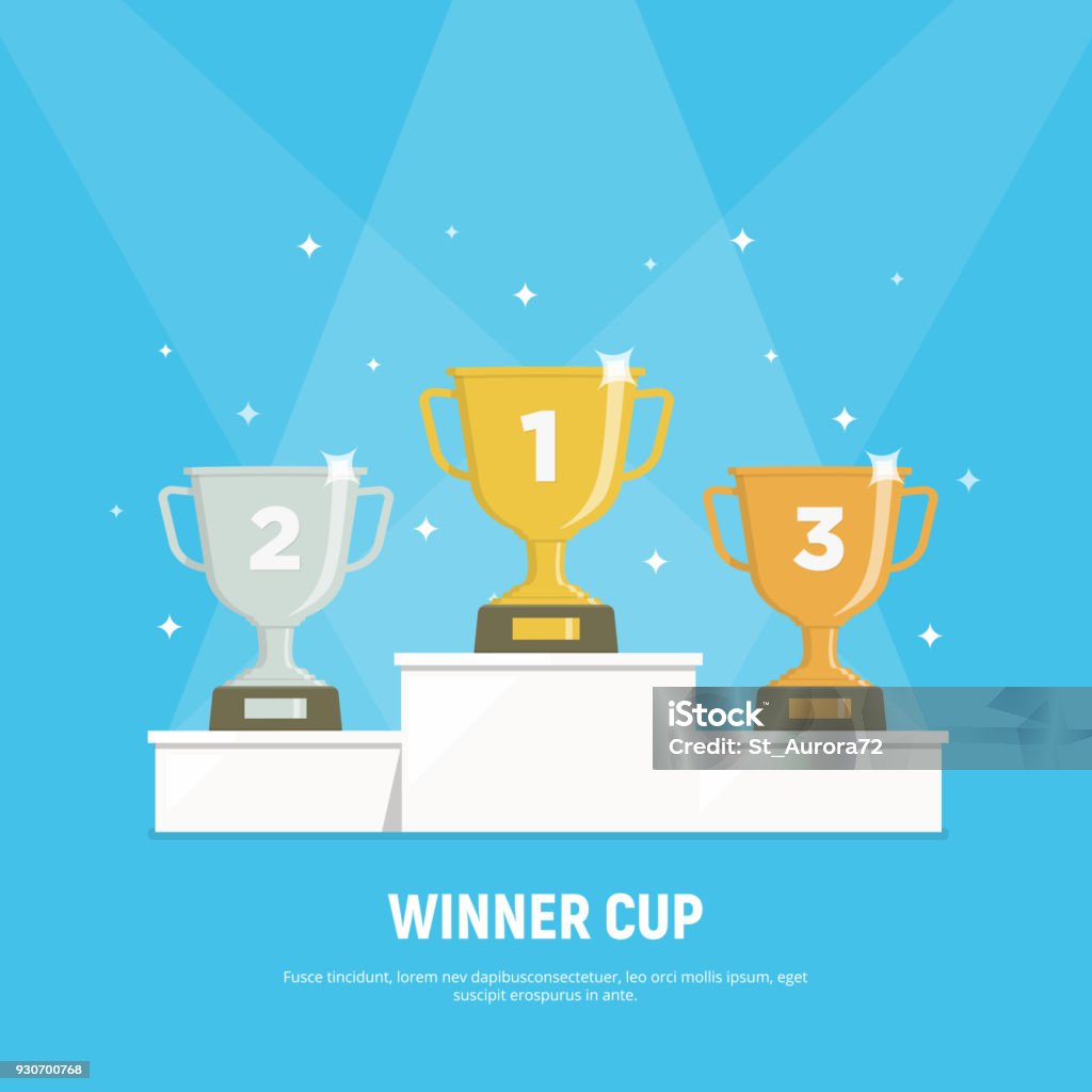 Podium winners. Gold, silver and bronze cups on podium. Vector illustration in flat style. Winners Podium stock vector