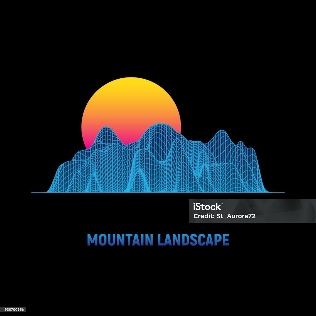 Retro futuristic background. Cyber surface. Mountain landscape with sun. Digital wireframe landscape in 1980s style. Vector illustration. Abstract stock vector