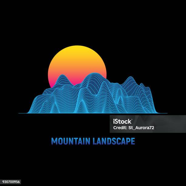 Retro Futuristic Background Cyber Surface Mountain Landscape With Sun Digital Wireframe Landscape In 1980s Style Vector Illustration Stock Illustration - Download Image Now