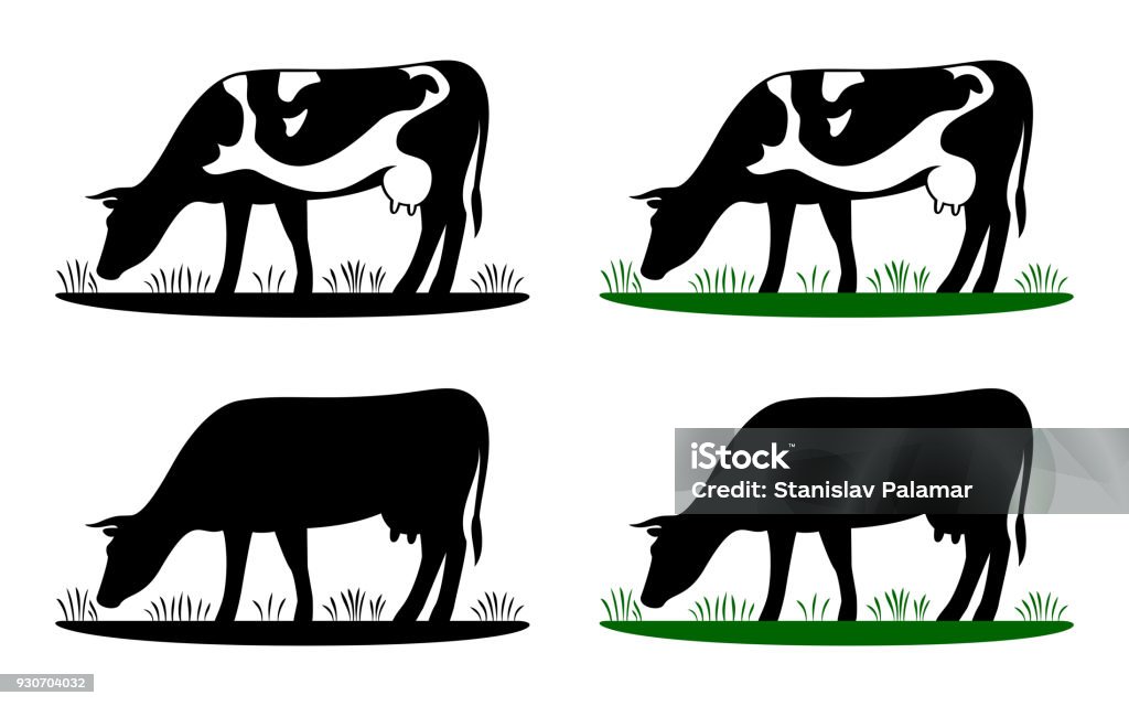 Cow grazing on meadow, cow silhouette in field eating grass. Vector cow icon or logo for farm store or market. Milk, dairy, farm product design element set. Cow stock vector