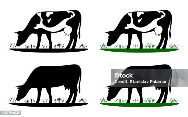 Cow Grazing On Meadow Cow Silhouette In Field Eating Grass Stock Illustration - Download Image Now