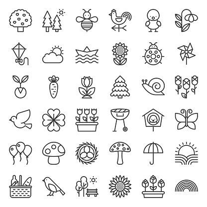 Picnic, nature and spring icon set, such as picnic basket, floral, bird, rainbow, bird nest, playing kite, sun raising, outline icon