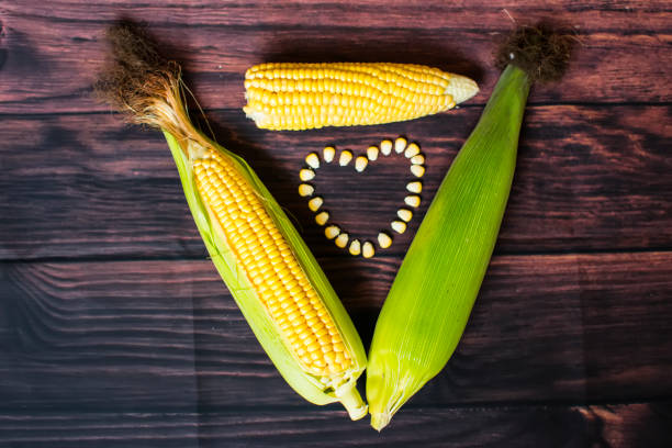 Fresh corn on cobs on wooden table, closeup, top view. Corn isolated on wood background