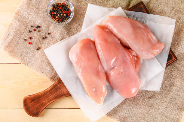 istock raw chicken fillets on wooden cutting board. 930716046