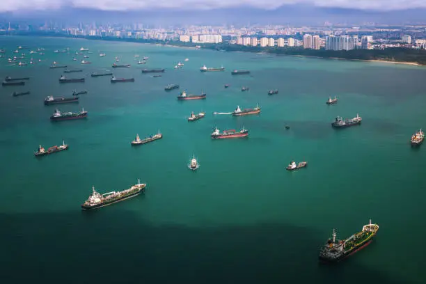 Photo of Top view from airplane of Singapore harbor
