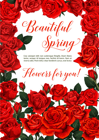 Spring time flowers greeting card for springtime holiday season celebration gift. Vector design or red roses flowers bunch in blooming blossom frame for seasonal spring love wishes