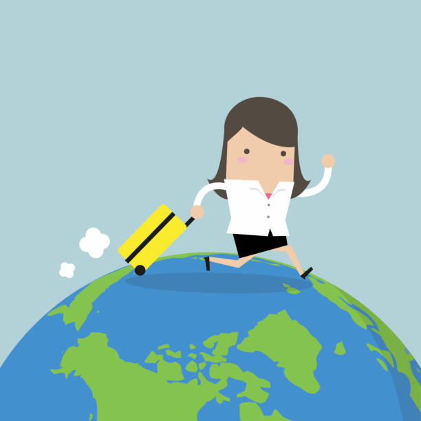 istock Businesswoman with suitcase walking around the world. 930719476