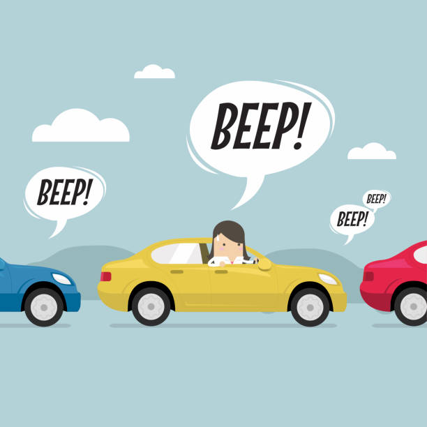 Businesswoman on the road with traffic jam, honk a horn. Businesswoman on the road with traffic jam, honk a horn. vector thinking fast and slow stock illustrations