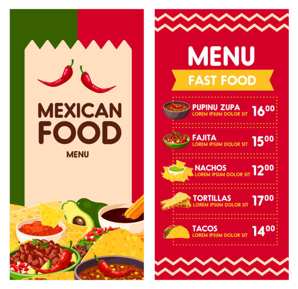 Mexican vector menu for Cinco de Mayo holiday Cinco de Mayo Mexican food menu template for Mexico holiday celebration. Vector price design for Mexican fast food pipinu zupa, fajitas or nachos and tortillas or tacos for national party or fiesta guacamole restaurant mexican cuisine avocado stock illustrations