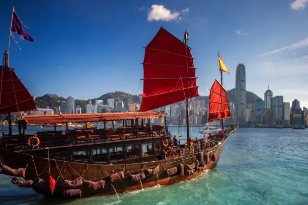 Red wooded boat icon of Hongkong city, red boat for travel Hong kong island, China