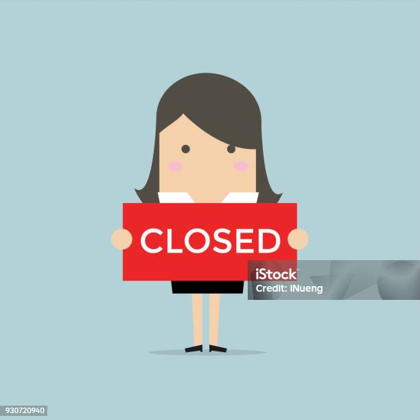 Businesswoman Hold A Sign Closed In Her Hands Stock Illustration - Download Image Now - Adult, Advertisement, Blank