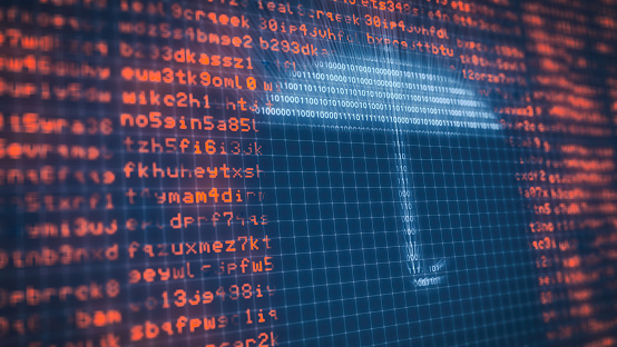close-up view of a computer screen with random text and an umbrella made with binaries numbers, concept of computer security and protection (3d render)