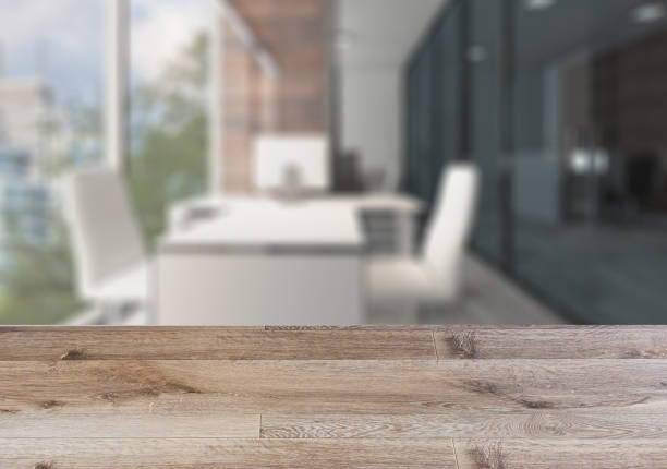 istock Background with empty wooden table. Flooring. Modern office Cabinet. Meeting room. 930730534