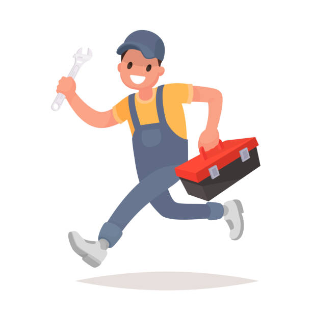 ilustrações de stock, clip art, desenhos animados e ícones de repairman with the tools is running. technical service. vector illustration - mechanic plumber repairman manual worker