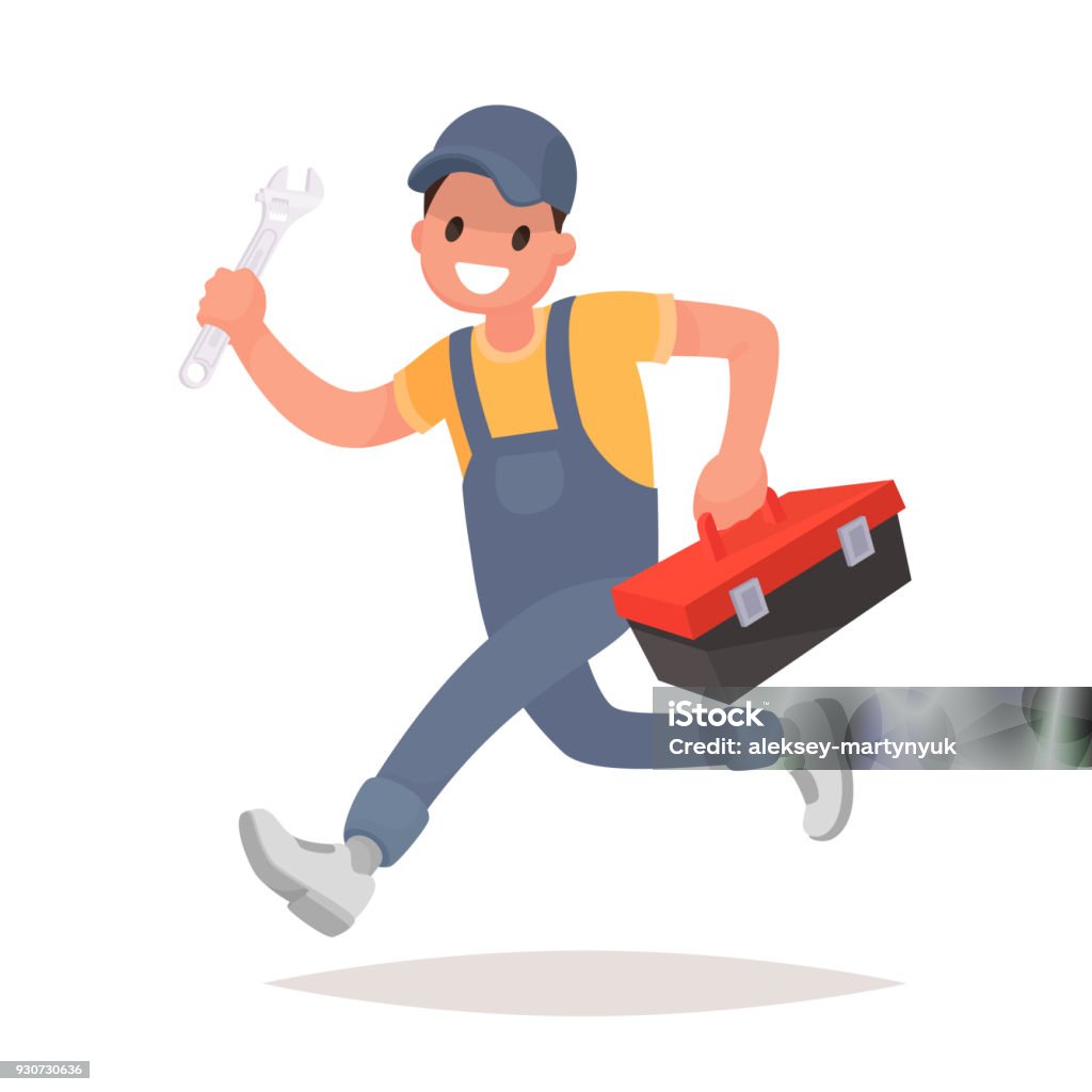 Repairman with the tools is running. Technical service. Vector illustration Repairman with the tools is running. Technical service. Vector illustration in a flat style Mechanic stock vector