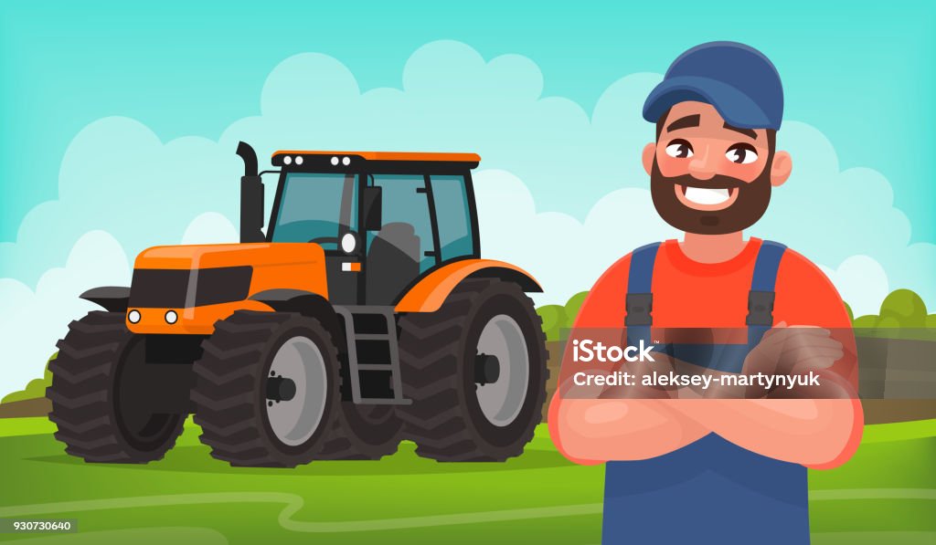 Cheerful farmer on the background of a field and a tractor. Agricultural work. Vector illustration Cheerful farmer on the background of a field and a tractor. Agricultural work. Vector illustration in cartoon style Tractor stock vector