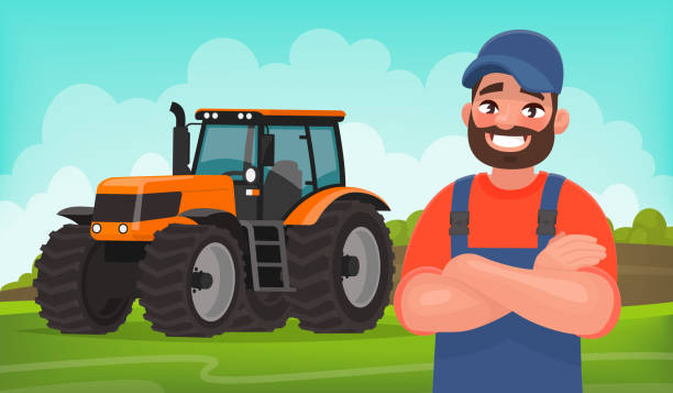Cheerful farmer on the background of a field and a tractor. Agricultural work. Vector illustration Cheerful farmer on the background of a field and a tractor. Agricultural work. Vector illustration in cartoon style tractor illustrations stock illustrations