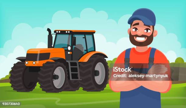 Cheerful Farmer On The Background Of A Field And A Tractor Agricultural Work Vector Illustration Stock Illustration - Download Image Now