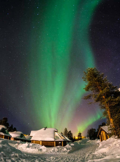 aurores boréales colorées, finlande - laponie photos et images de collection
