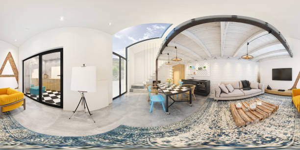 Modern studio apartment 360 equirectangular panoramic interior Equirectangular panoramic 360 VR image, modern apartment with living room, kitchen and dining room with double story and modern stairs. copy space template 360 degree view photos stock pictures, royalty-free photos & images