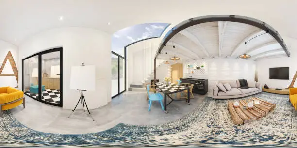 Equirectangular panoramic 360 VR image, modern apartment with living room, kitchen and dining room with double story and modern stairs. copy space template