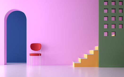 Colorful empty room 3d render.There are minimalist style image ,The room has white floor,pink green and blue wall,yellow and orange stait, furnished with red chair