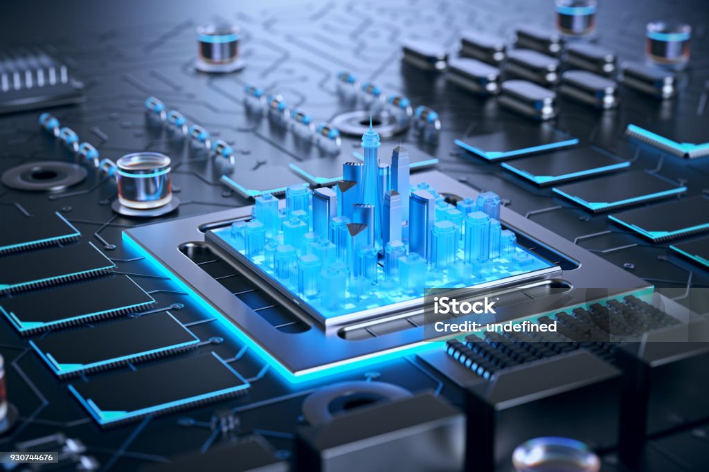 3d illustration of futuristic micro chip city. Computer science information technology background. Sci fi megalopolis. City Stock Photo