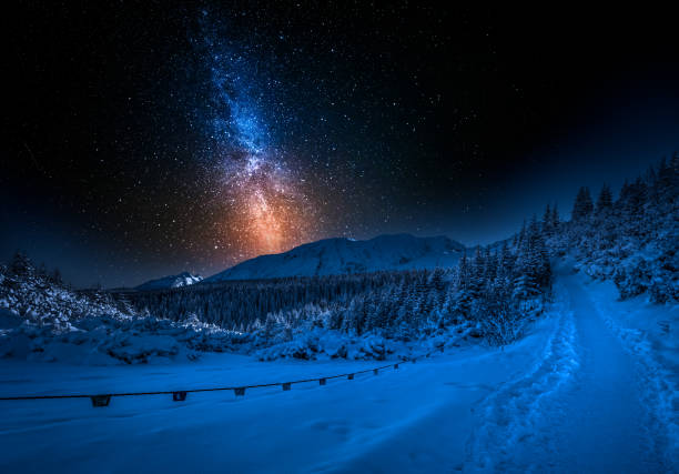 istock Mountain path and milky way in winter 930747900