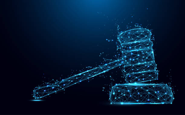 抽象的なハンマー裁判官フォーム線と三角形は、青の背景にネットワークを接続するポイント。イラスト - gavel law legal system auction点のイラスト素材／クリップアート素材／マンガ素材／アイコン素材