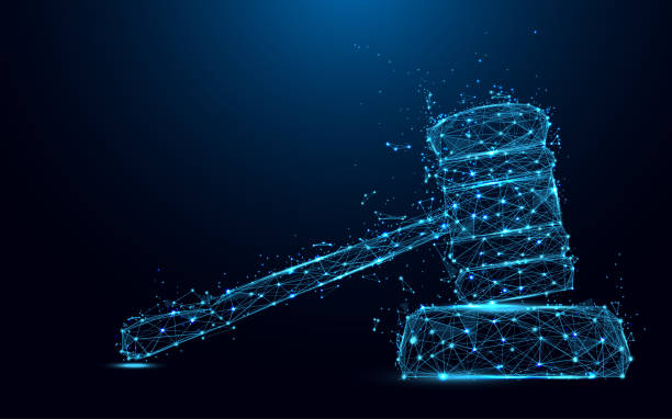 Abstract Hammer judge form lines and triangles, point connecting network on blue background. Illustration vector Abstract Hammer judge form lines and triangles, point connecting network on blue background. Illustration vector lawyer backgrounds stock illustrations