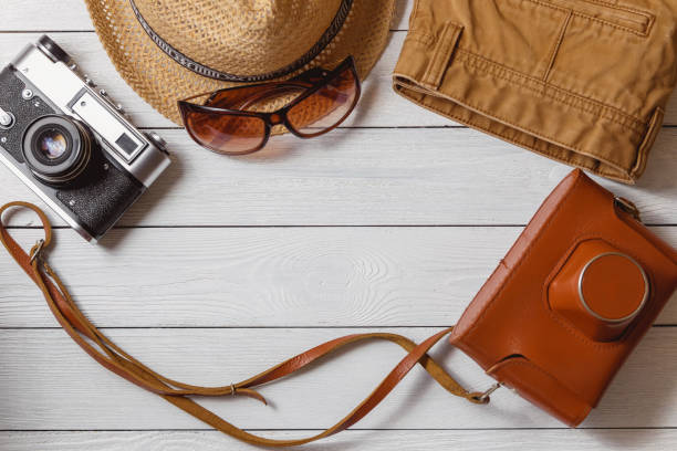 istock Traveler Items Vacation Accessories Holiday Long Weekend Stuff Equipment Background Top View Concept with Copyspace 930755924