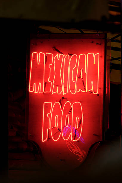 istock Mexican food neon sign, hanging from wall, glowing red 93075633
