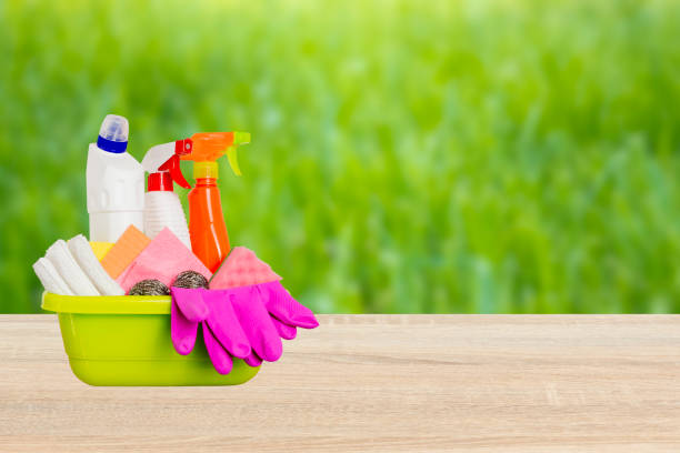 istock Spring cleaning concept with supplies against green nature blurred background 930757996