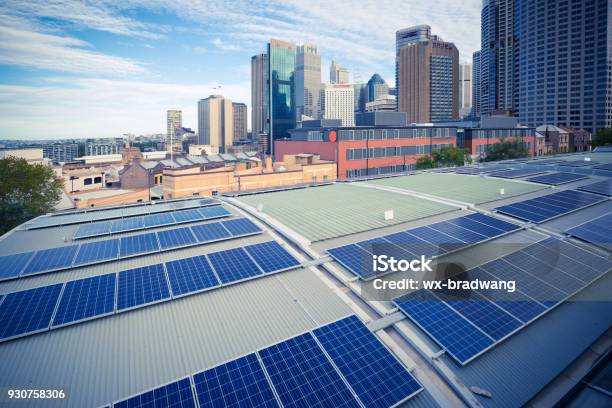 Sydney City Architecture And Photovoltaic Panels Stock Photo - Download Image Now - Business, Solar Energy, Solar Panel