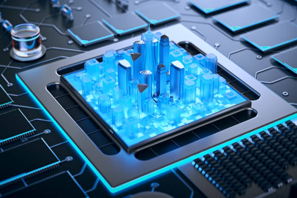 istock 3d illustration of futuristic micro chip city. Computer science information technology background. Sci fi megalopolis. 930758722