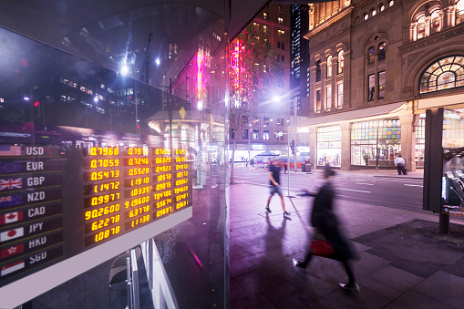 Sydney, Australia, evening city windows and electronic displays