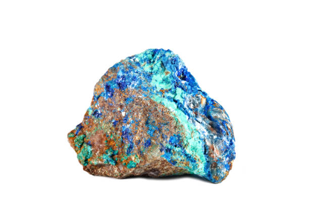 천연 보석의 매크로 촬영입니다. 원시 미네랄 azurite, 모로코입니다. 흰색 배경에 고립 된 개체 - azurite 뉴스 사진 이미지