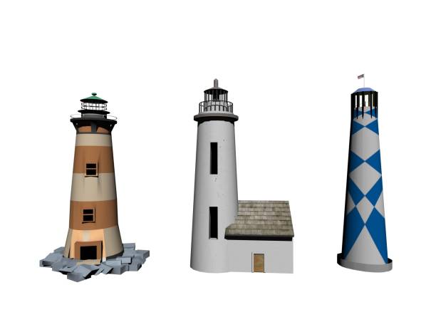 Baltic lighthouse, red white colors, bottom view. Most western russian lighthouse in Baltiysk city. Beautiful sunny weather.