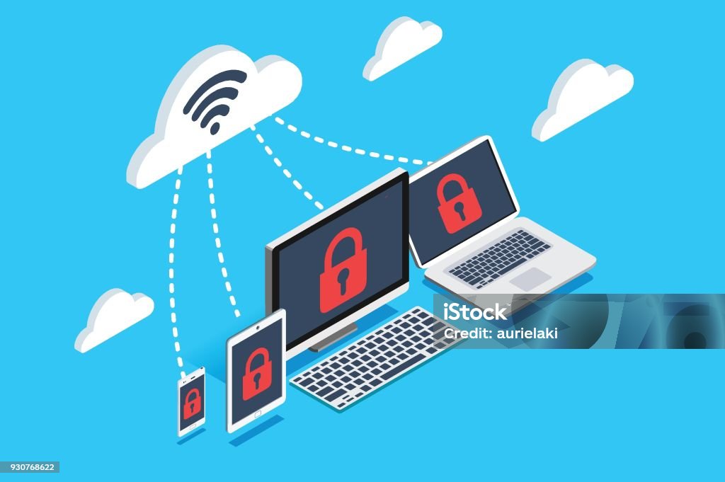 Security concept isometric art Security concept. Security on computer smarphone and tablet. Isometric art. Vector design. Cloud Computing stock vector