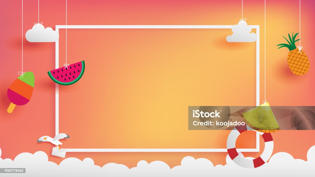 summer banner as horizontal frame summer banner as horizontal frame contain white border ,sunset light shining on background and all objects floating over cloud, objects are hanging by string such as ice creme, pineapple  watermelon Summer stock vector