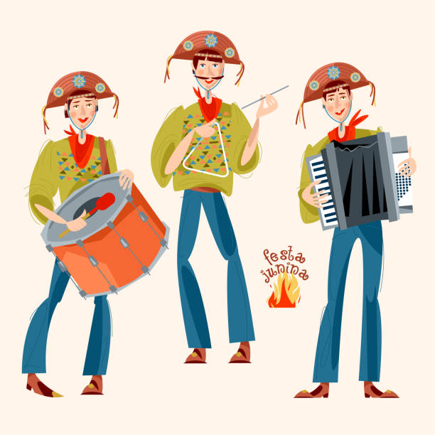 stockillustraties, clipart, cartoons en iconen met braziliaanse vakantie festa junina (de partij van juni). trio de forró (een trio muzikanten spelen een accordeon, een grote trom en een driehoek). - são joão