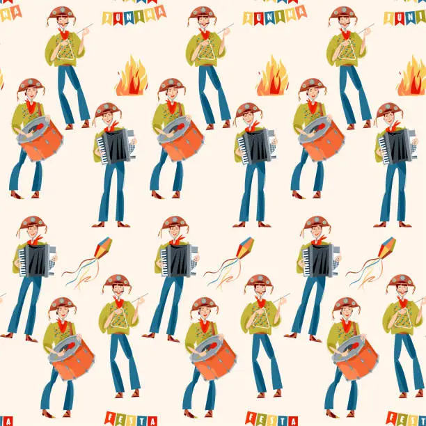 Vector illustration of Brazilian holiday Festa Junina (the June party). Trio de Forró (a trio of musicians playing an accordion, a bass drum and a triangle). Seamless background pattern.