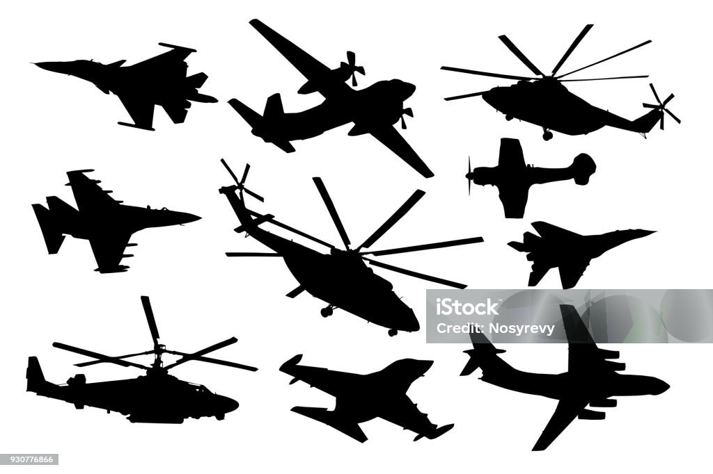 Airplane, helicopter set. Military aircraft silhouette vector collection. Air transport In Silhouette stock vector