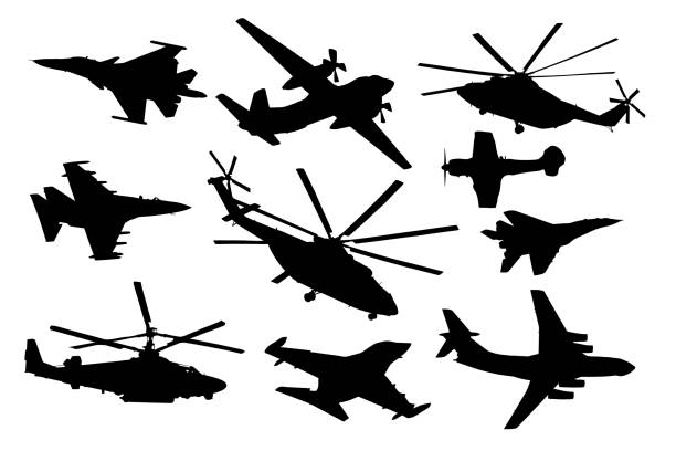 Airplane, helicopter set. Military aircraft silhouette vector collection. Air transport Airplane, helicopter set. Military aircraft silhouette vector collection. Air transport military symbol computer icon war stock illustrations