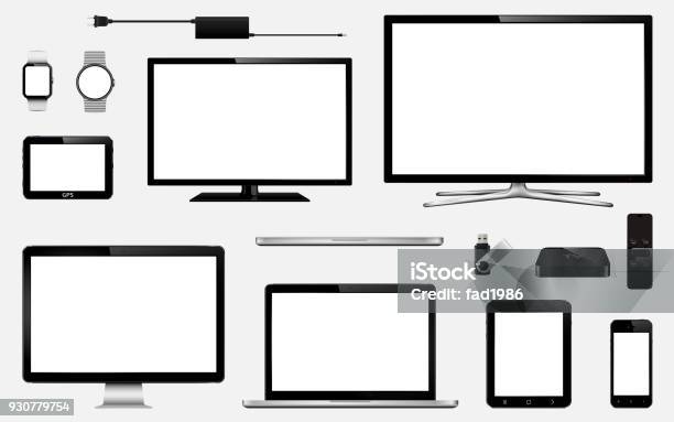 Ilustración de Conjunto De Realista Smart Tv Monitores Portátiles Tablet Teléfono Móvil Reloj Elegante Impulsión Del Flash Del Usb Receptor Gps De Navegación Sistema Dispositivo Y La Tv Caja Con Mando A Distancia y más Vectores Libres de Derechos de Televisión