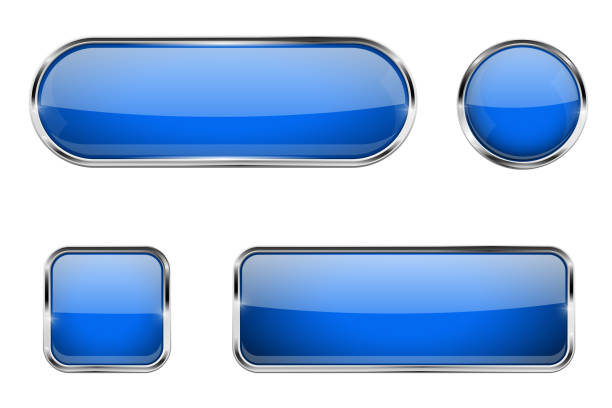 синие стеклянные кнопки с хромированной рамой - blue button stock illustrations